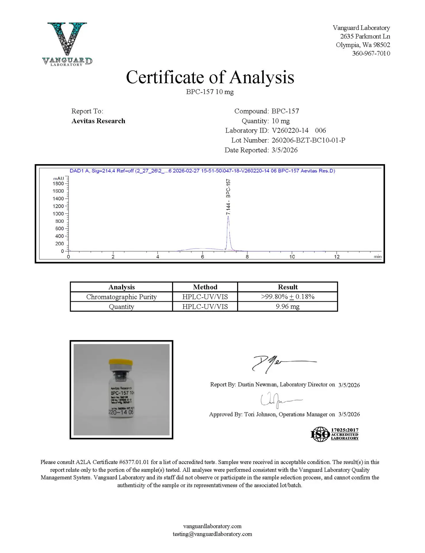 BPC-157 10 mg certificate of analysis